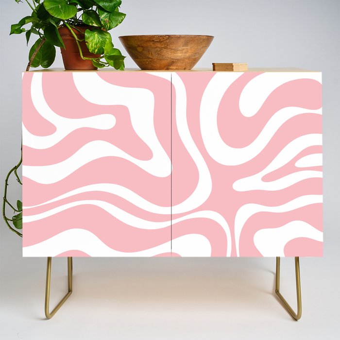 Modern Retro Liquid Swirl Abstract Pattern in Soft Pink Blush and White Credenza Gallery Image 1