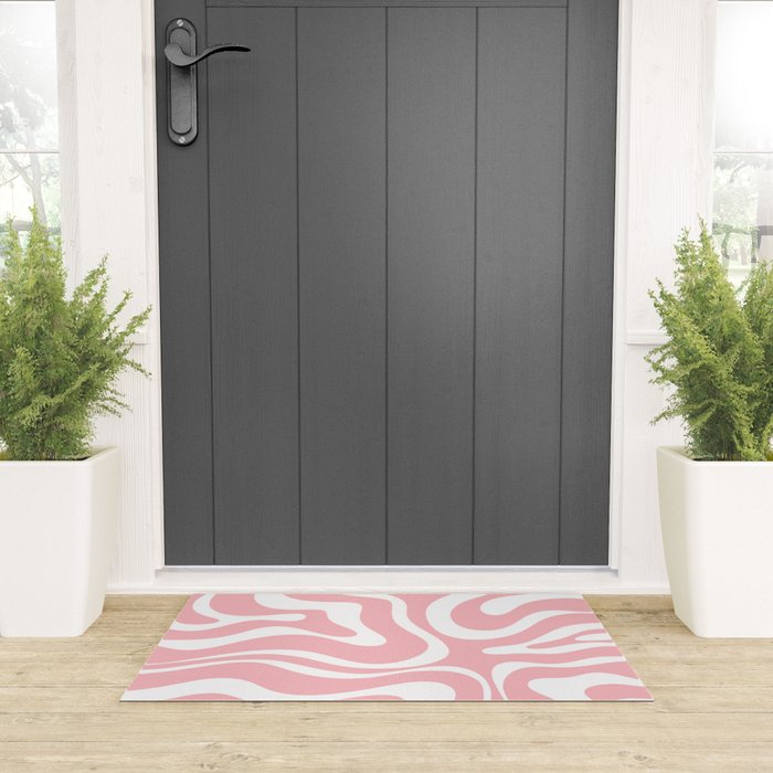 Modern Retro Liquid Swirl Abstract Pattern in Soft Pink Blush and White Welcome Mat Gallery Image 3