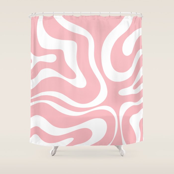 Modern Retro Liquid Swirl Abstract Pattern in Soft Pink Blush and White Shower Curtain Gallery Image 1