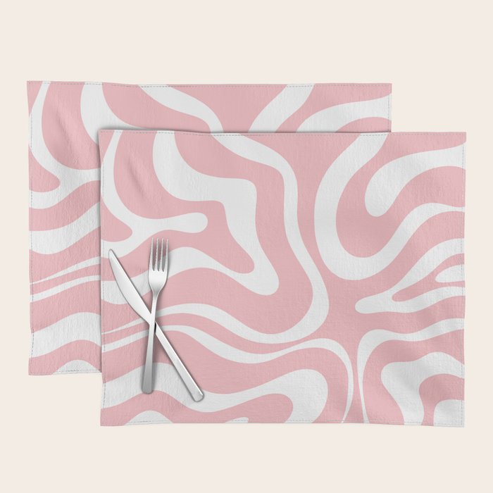 Modern Retro Liquid Swirl Abstract Pattern in Soft Pink Blush and White Placemat Gallery Image 1
