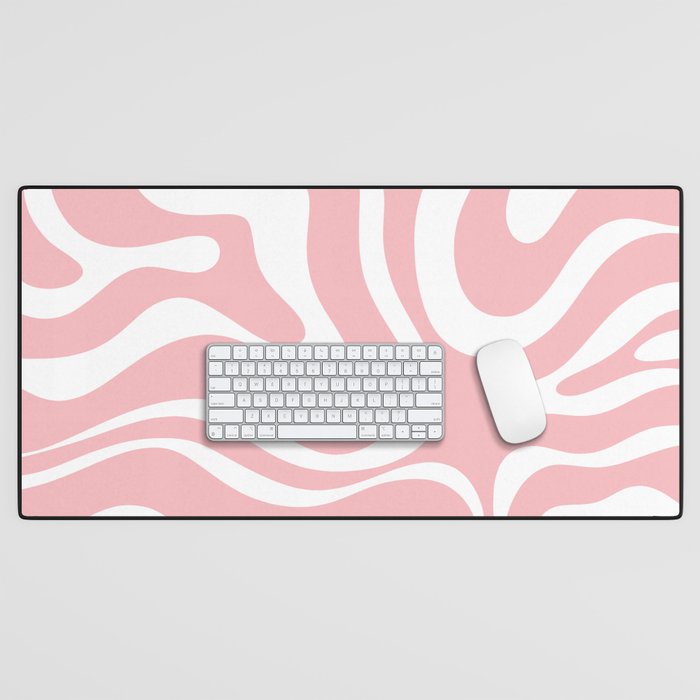 Modern Retro Liquid Swirl Abstract Pattern in Soft Pink Blush and White Desk Mat Gallery Image 1