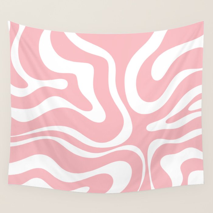 Modern Retro Liquid Swirl Abstract Pattern in Soft Pink Blush and White Wall Tapestry Gallery Image 4