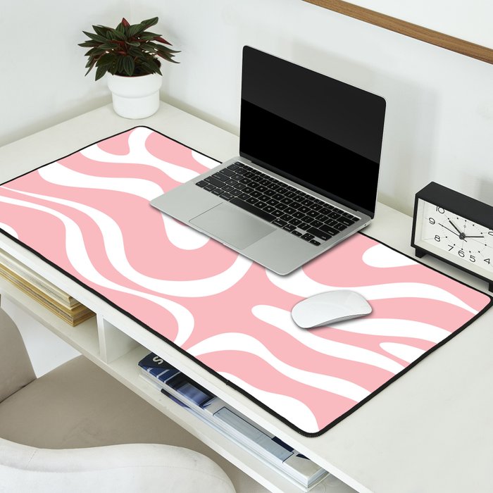 Modern Retro Liquid Swirl Abstract Pattern in Soft Pink Blush and White Desk Mat Gallery Image 2