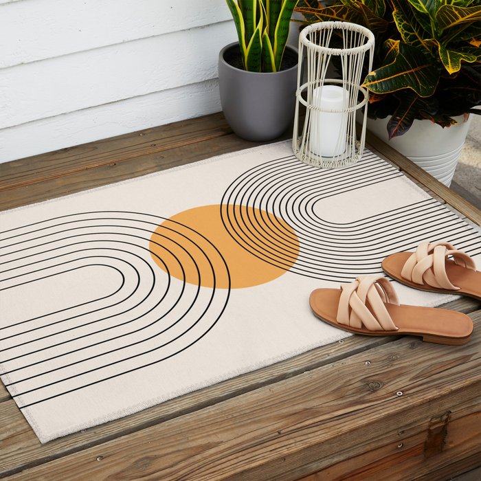 Geometric Lines in Black and Beige 29 (Rainbow and Sun Abstraction) Outdoor Rug Gallery Image 2