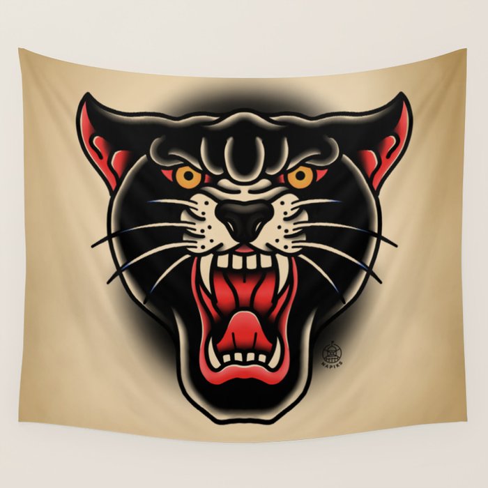 Traditional Tattoo Panther  Wall Tapestry Gallery Image 4