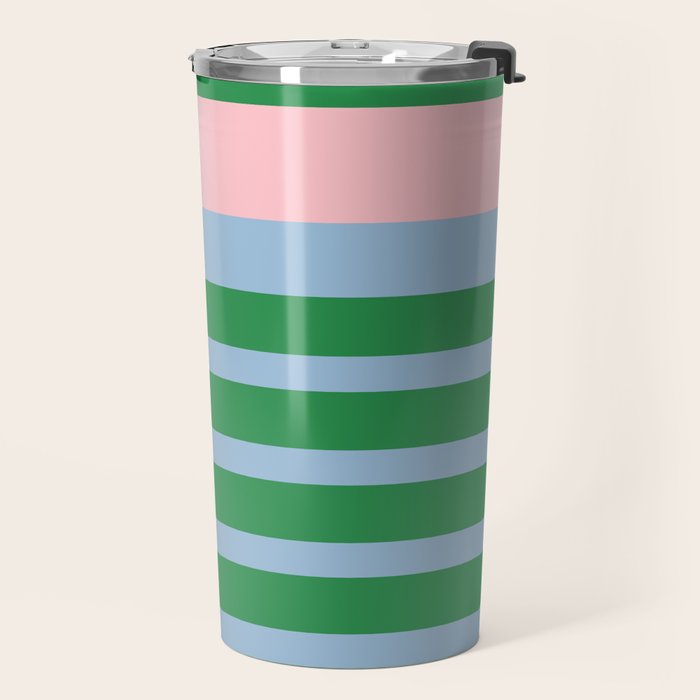 Mixed Stripe Pattern in Green, Pastel Pink, and Baby Blue Travel Mug Gallery Image 2