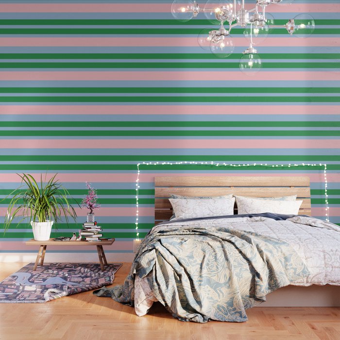 Mixed Stripe Pattern in Green, Pastel Pink, and Baby Blue Wallpaper Gallery Image 1
