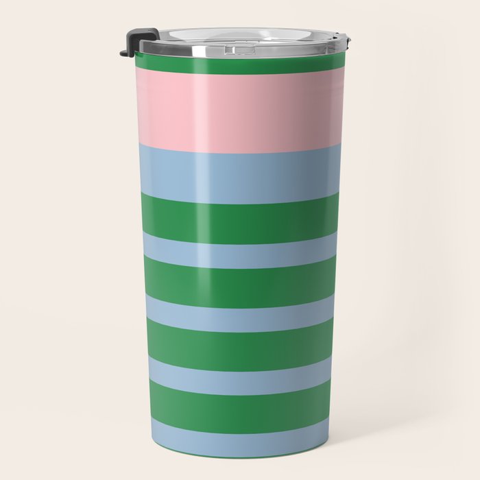 Mixed Stripe Pattern in Green, Pastel Pink, and Baby Blue Travel Mug Gallery Image 3