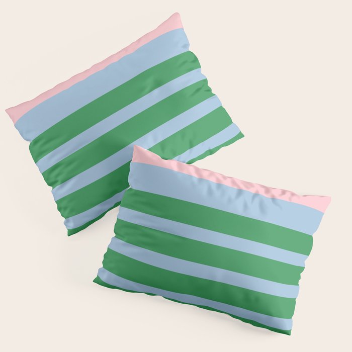 Mixed Stripe Pattern in Green, Pastel Pink, and Baby Blue Pillow Sham Gallery Image 1