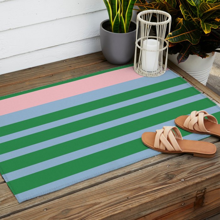 Mixed Stripe Pattern in Green, Pastel Pink, and Baby Blue Outdoor Rug Gallery Image 2