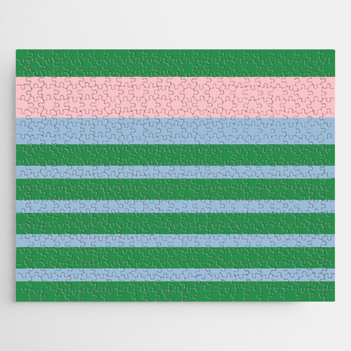 Mixed Stripe Pattern in Green, Pastel Pink, and Baby Blue Jigsaw Puzzle Gallery Image 1