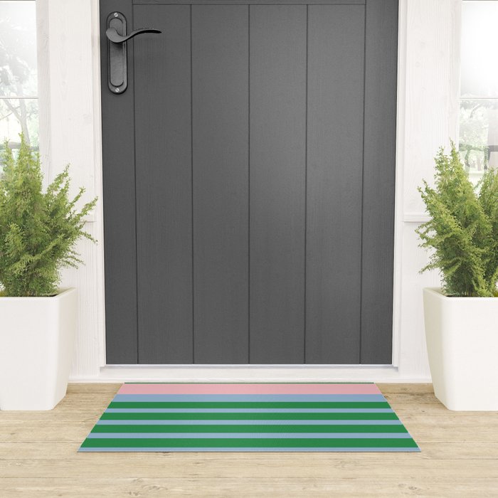 Mixed Stripe Pattern in Green, Pastel Pink, and Baby Blue Welcome Mat Gallery Image 3