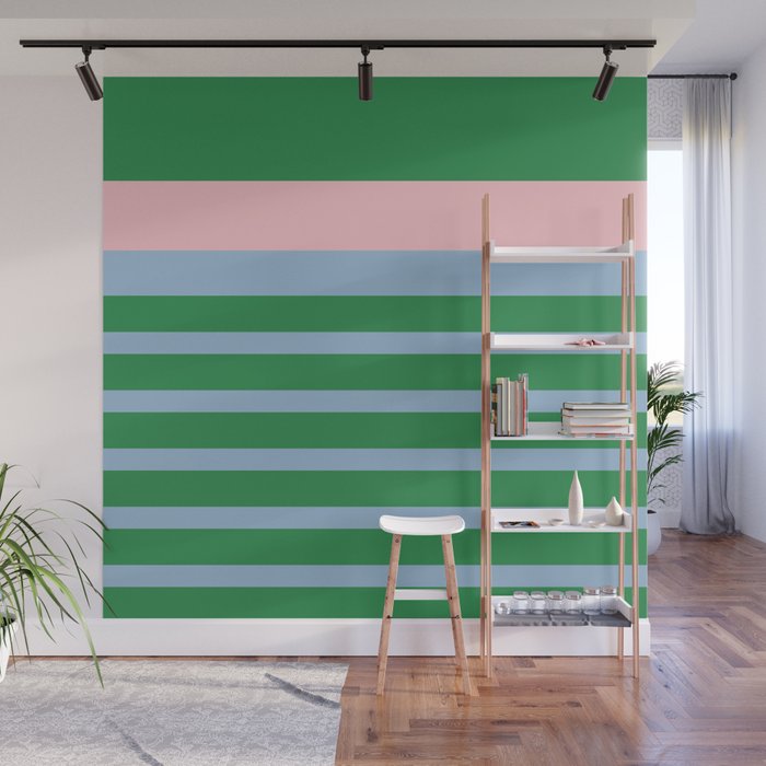 Mixed Stripe Pattern in Green, Pastel Pink, and Baby Blue Wall Mural Gallery Image 1