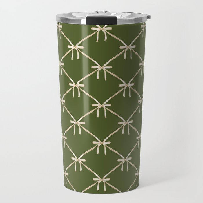 Bows & Ribbons Pattern XXII Dark Olive Green Travel Mug Gallery Image 1