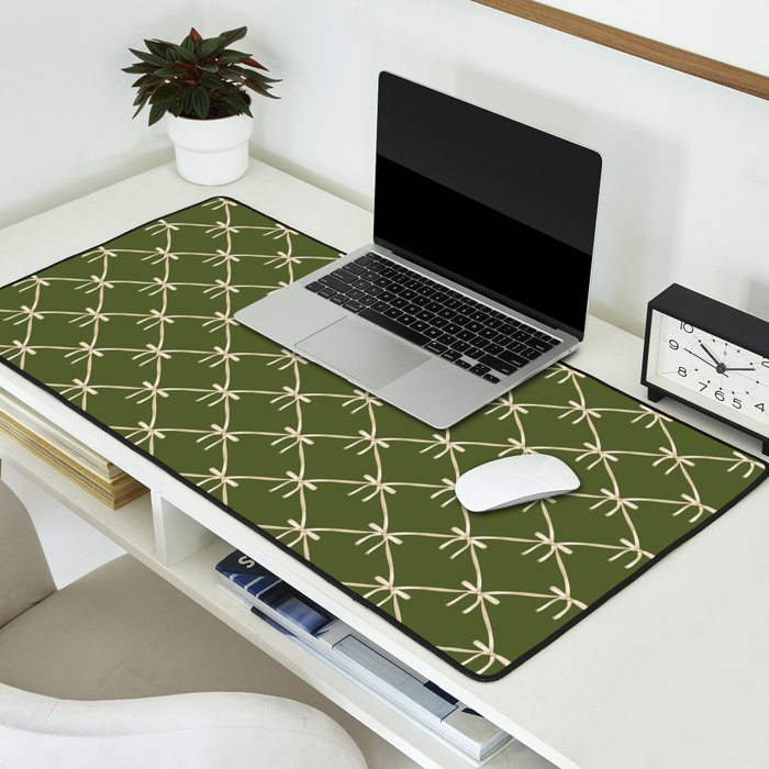 Bows & Ribbons Pattern XXII Dark Olive Green Desk Mat Gallery Image 2