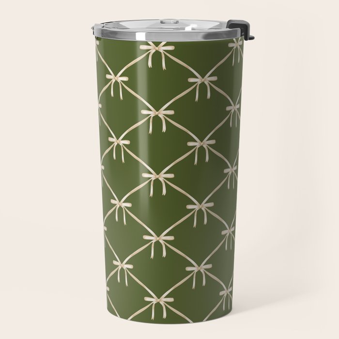 Bows & Ribbons Pattern XXII Dark Olive Green Travel Mug Gallery Image 2