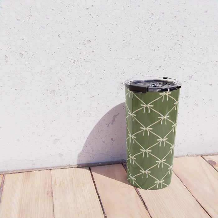 Bows & Ribbons Pattern XXII Dark Olive Green Travel Mug Gallery Image 4