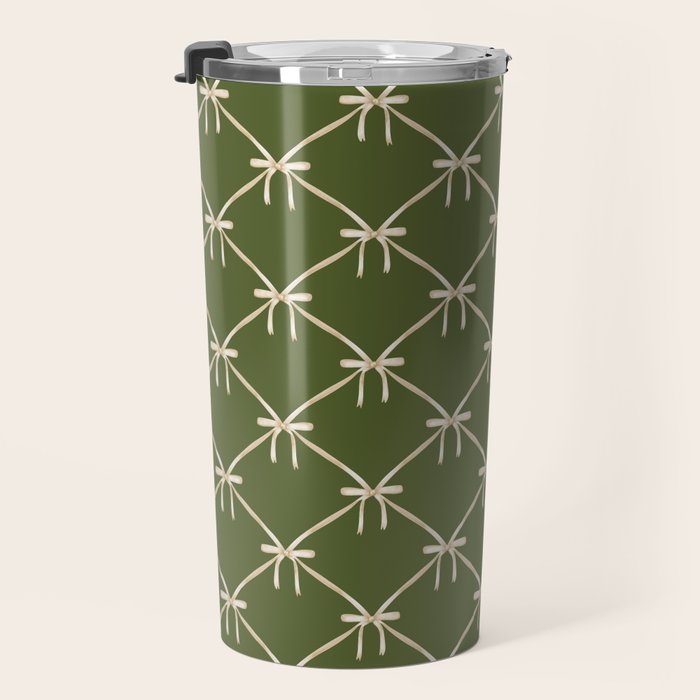 Bows & Ribbons Pattern XXII Dark Olive Green Travel Mug Gallery Image 3