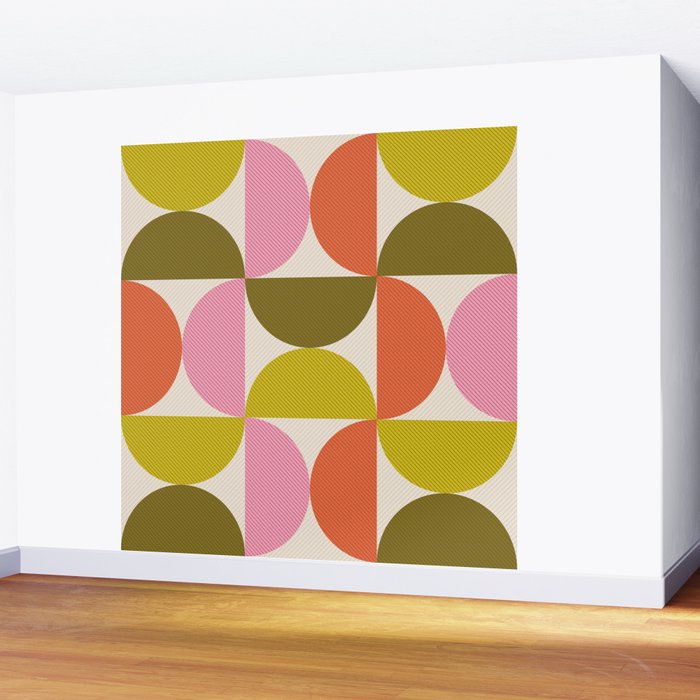 Mid Century Modern Shapes - Pink, Olive Green & Orange Wall Mural Gallery Image 2