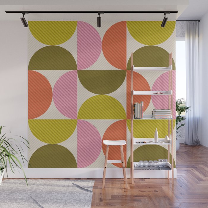 Mid Century Modern Shapes - Pink, Olive Green & Orange Wall Mural Gallery Image 1