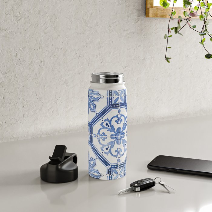 Blue Portugese Tile Pattern | Colorful Travel Photography in Portugal | Azulejos House Design Art Print Water Bottle Gallery Image 4