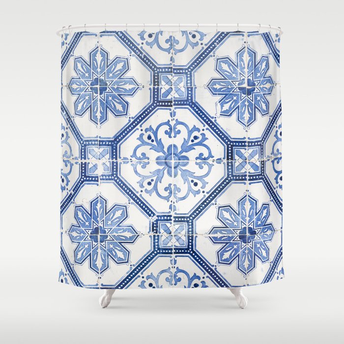 Blue Portugese Tile Pattern | Colorful Travel Photography in Portugal | Azulejos House Design Art Print Shower Curtain Gallery Image 1