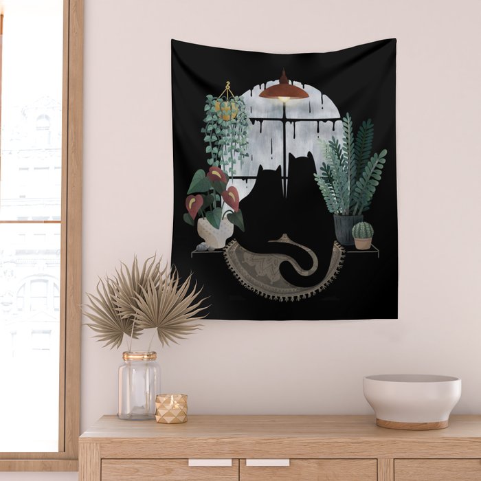 Rainy Day Cats on Black Wall Tapestry Gallery Image 2