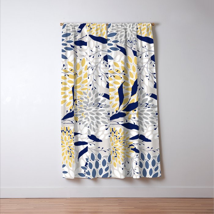 Floral Leaves and Blooms, Navy, Yellow, Gray Window Curtain Gallery Image 3