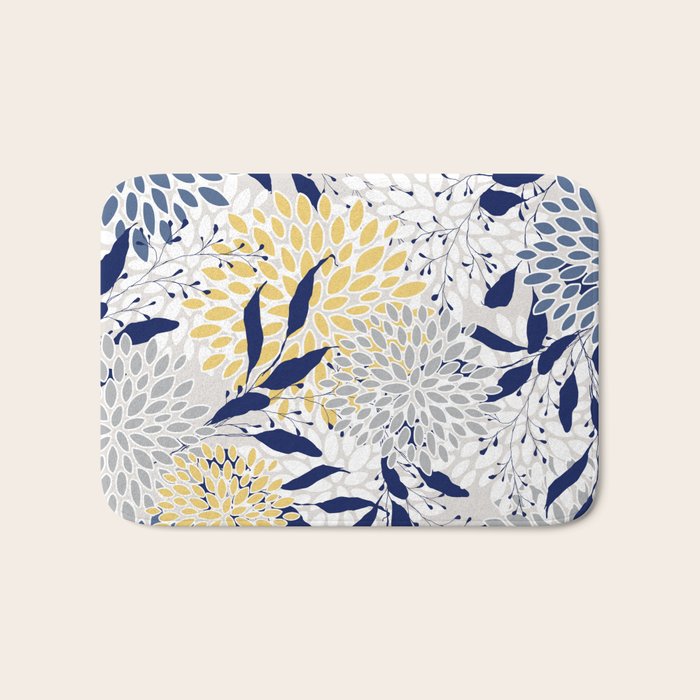 Floral Leaves and Blooms, Navy, Yellow, Gray Bath Mat Gallery Image 1