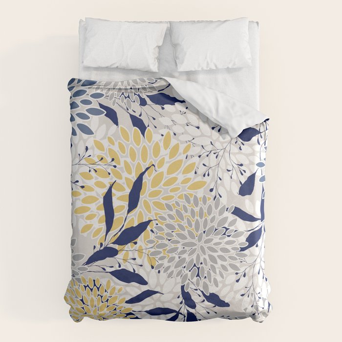 Floral Leaves and Blooms, Navy, Yellow, Gray Duvet Cover Gallery Image 1