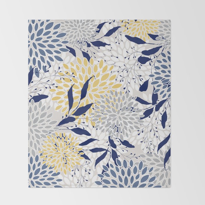Floral Leaves and Blooms, Navy, Yellow, Gray Throw Blanket Gallery Image 2