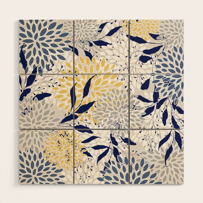 Floral Leaves and Blooms, Navy, Yellow, Gray Wood Wall Art Gallery Image 1