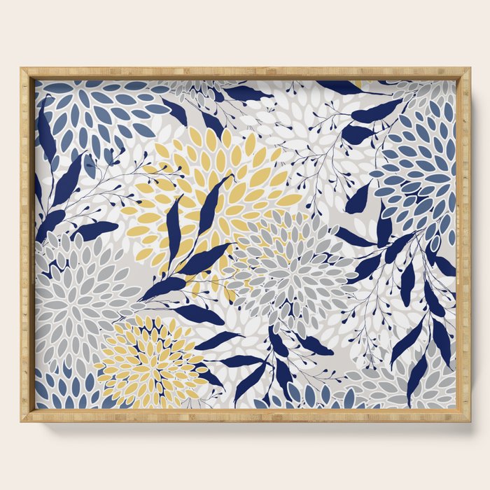 Floral Leaves and Blooms, Navy, Yellow, Gray Serving Tray Gallery Image 1