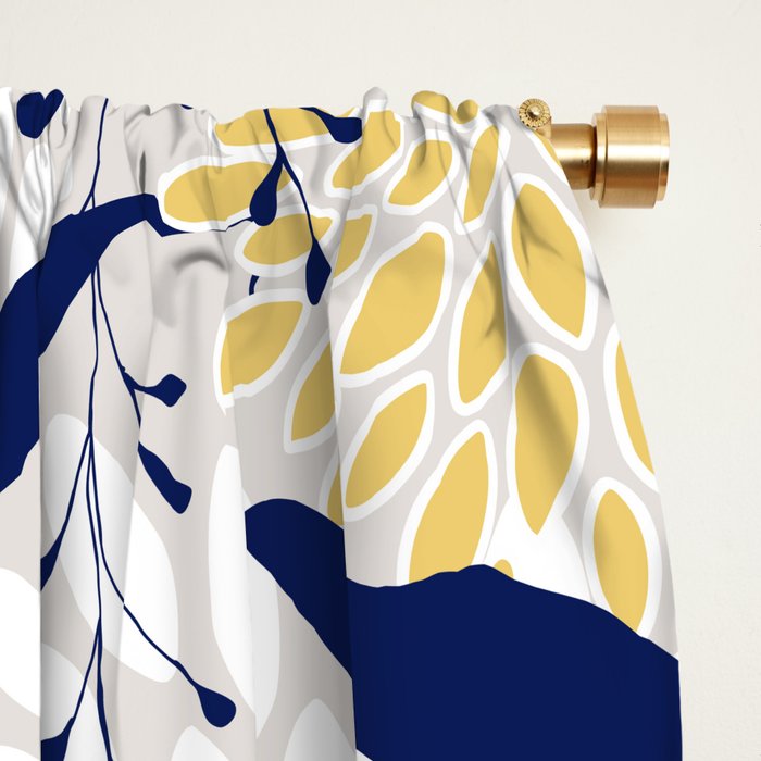 Floral Leaves and Blooms, Navy, Yellow, Gray Window Curtain Gallery Image 2