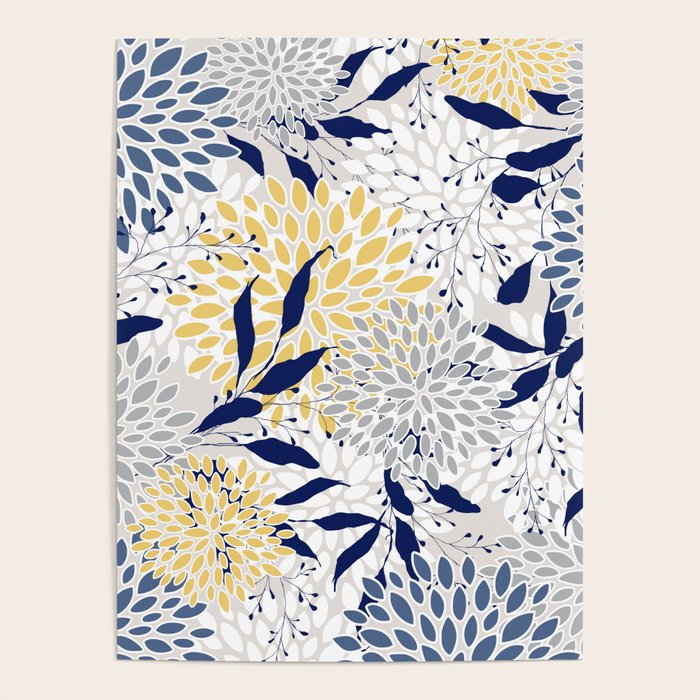 Floral Leaves and Blooms, Navy, Yellow, Gray Poster Gallery Image 1