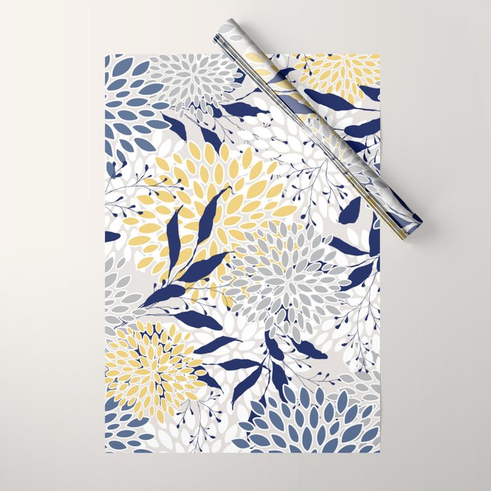Floral Leaves and Blooms, Navy, Yellow, Gray Wrapping Paper Gallery Image 1