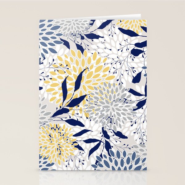 Floral Leaves and Blooms, Navy, Yellow, Gray Stationery Card Gallery Image 1