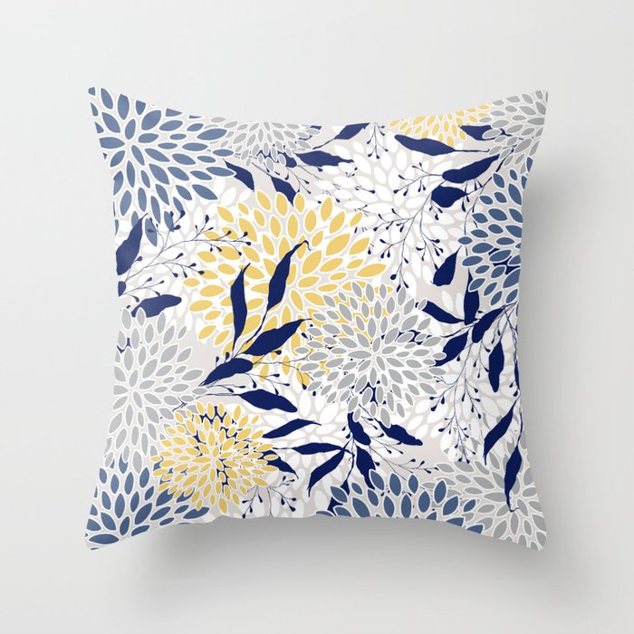 Floral Leaves and Blooms, Navy, Yellow, Gray Throw Pillow Gallery Image 1