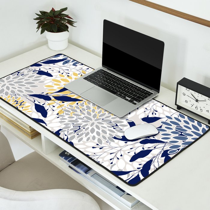 Floral Leaves and Blooms, Navy, Yellow, Gray Desk Mat Gallery Image 2