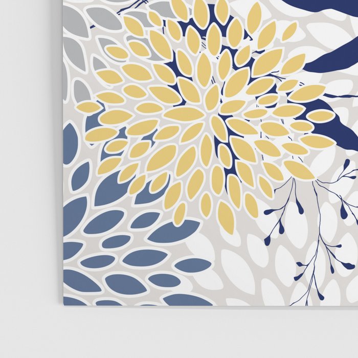 Floral Leaves and Blooms, Navy, Yellow, Gray Poster Gallery Image 3