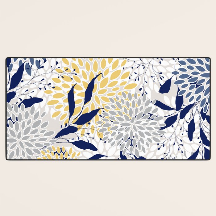 Floral Leaves and Blooms, Navy, Yellow, Gray Desk Mat Gallery Image 3