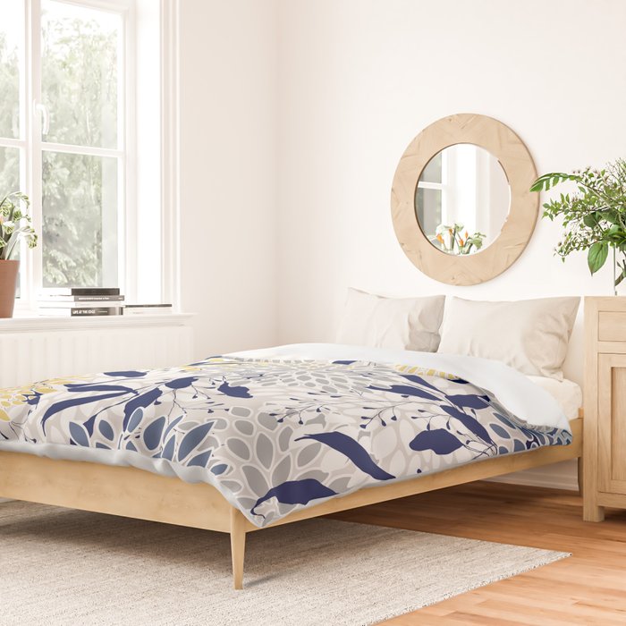 Floral Leaves and Blooms, Navy, Yellow, Gray Duvet Cover Gallery Image 2