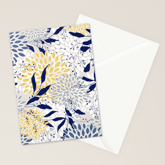 Floral Leaves and Blooms, Navy, Yellow, Gray Stationery Card Gallery Image 2