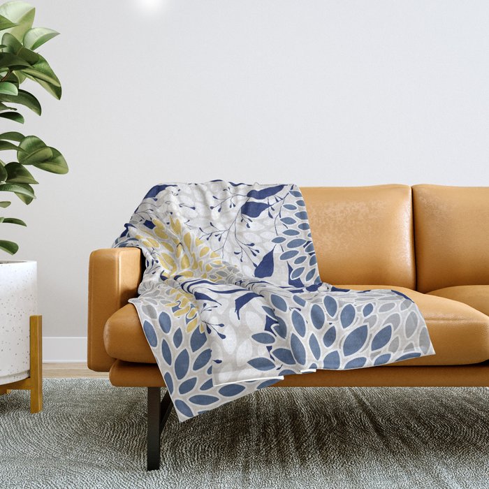 Floral Leaves and Blooms, Navy, Yellow, Gray Throw Blanket Gallery Image 1