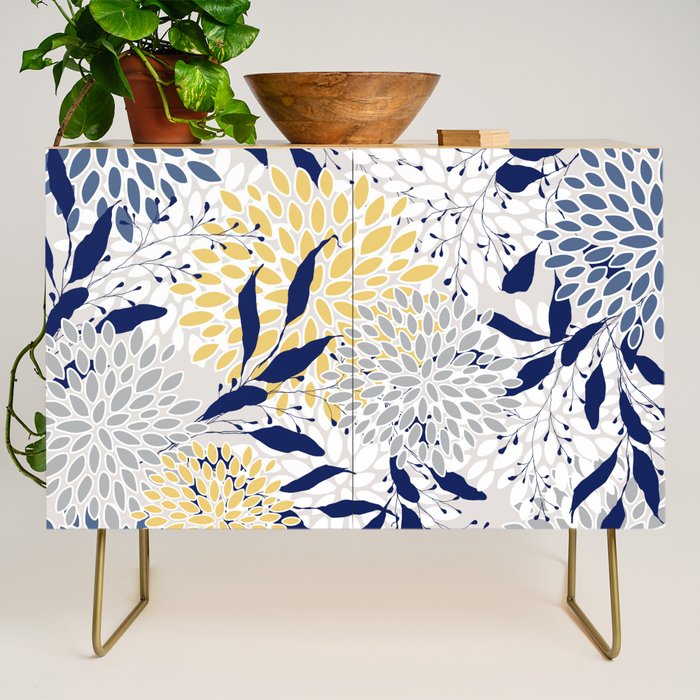 Floral Leaves and Blooms, Navy, Yellow, Gray Credenza Gallery Image 1