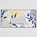 Floral Leaves and Blooms, Navy, Yellow, Gray Desk Mat Gallery Image 1