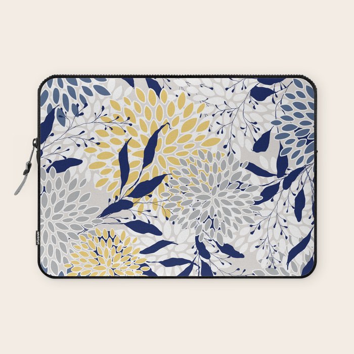 Floral Leaves and Blooms, Navy, Yellow, Gray Laptop Sleeve Gallery Image 1