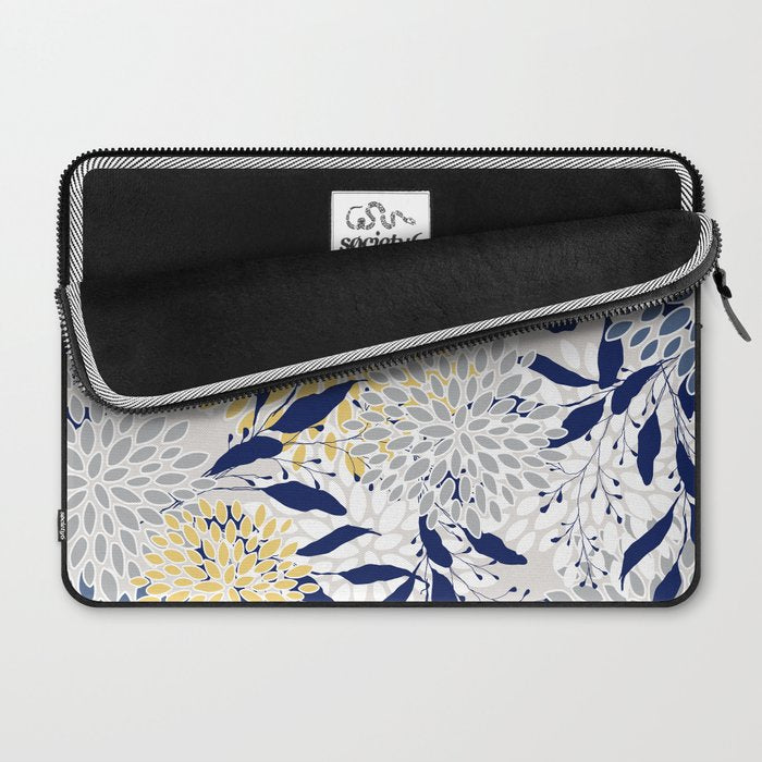 Floral Leaves and Blooms, Navy, Yellow, Gray Laptop Sleeve Gallery Image 2