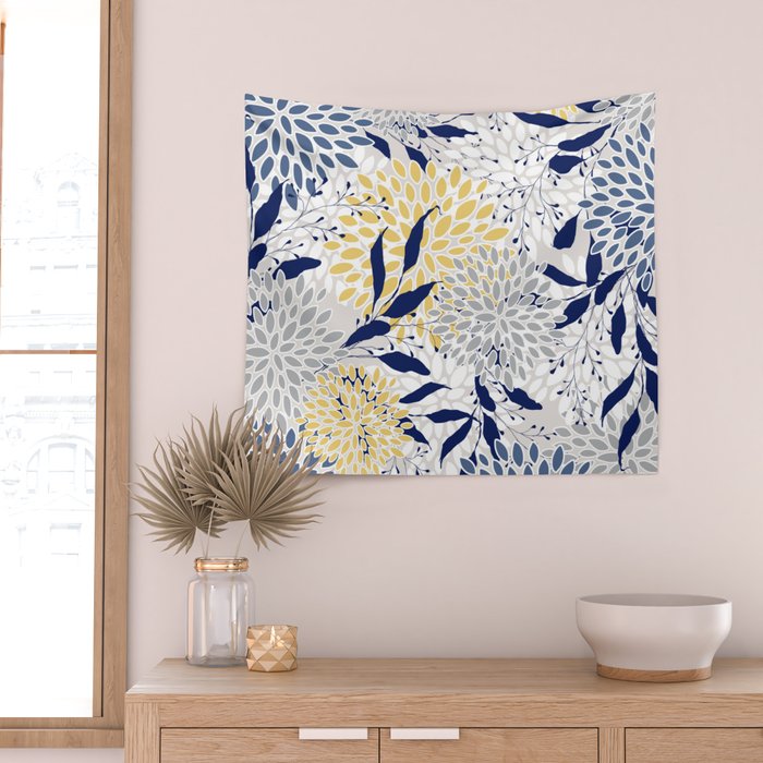 Floral Leaves and Blooms, Navy, Yellow, Gray Wall Tapestry Gallery Image 2