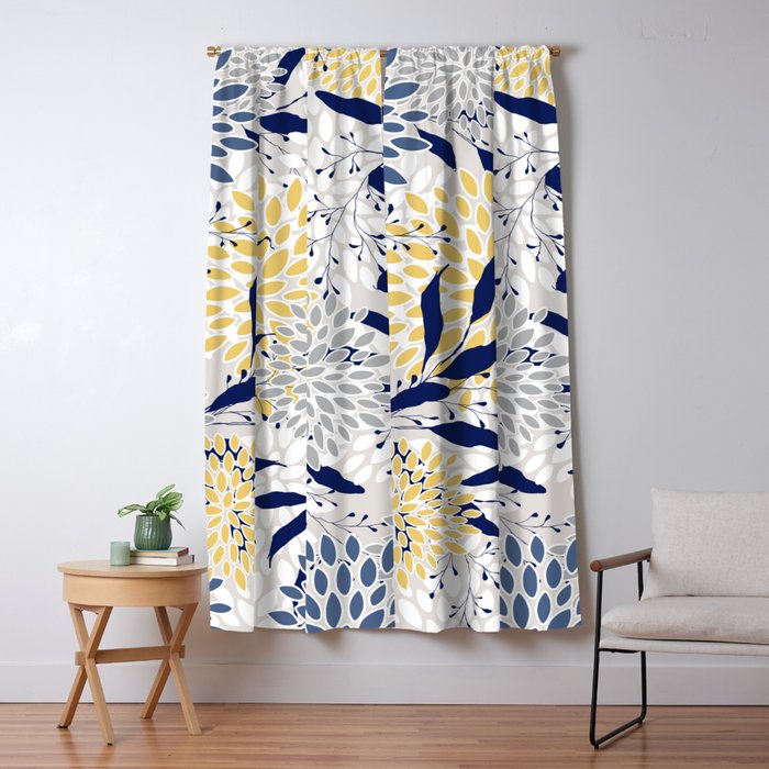 Floral Leaves and Blooms, Navy, Yellow, Gray Window Curtain Gallery Image 1